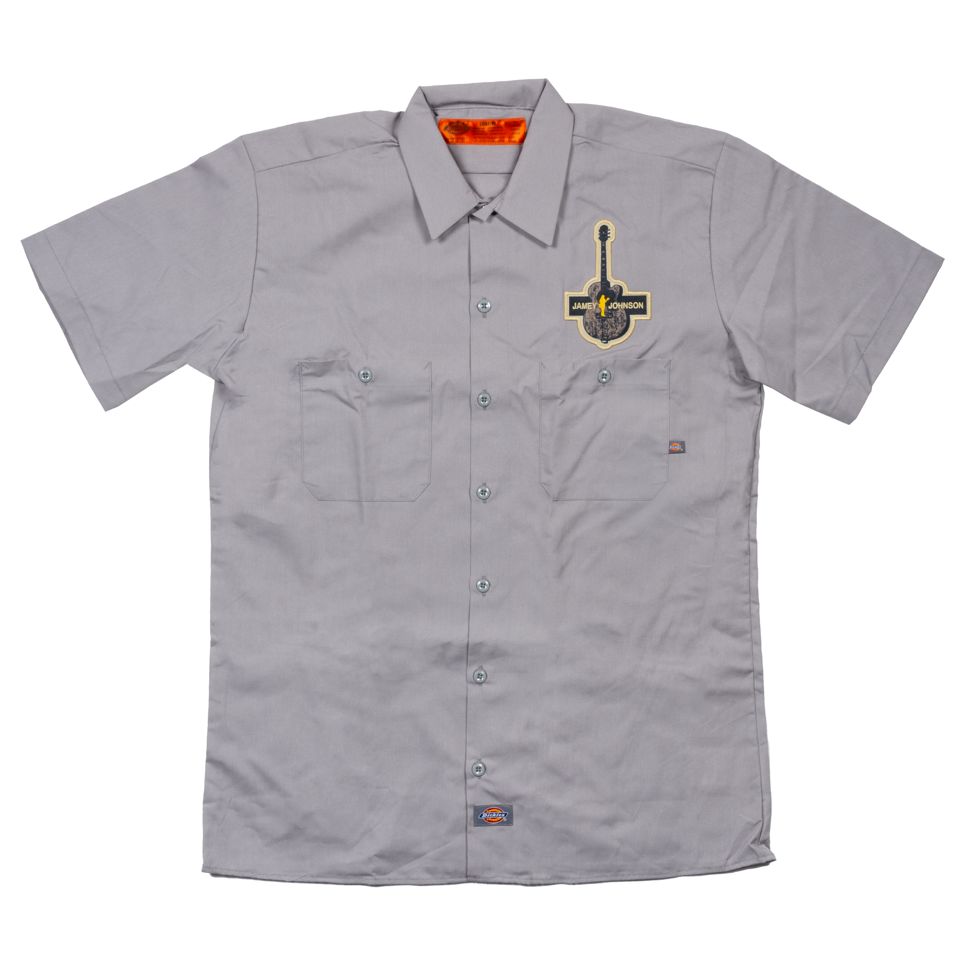 dickies workshirt-light gray-guitar with signatures and jamey logo patch