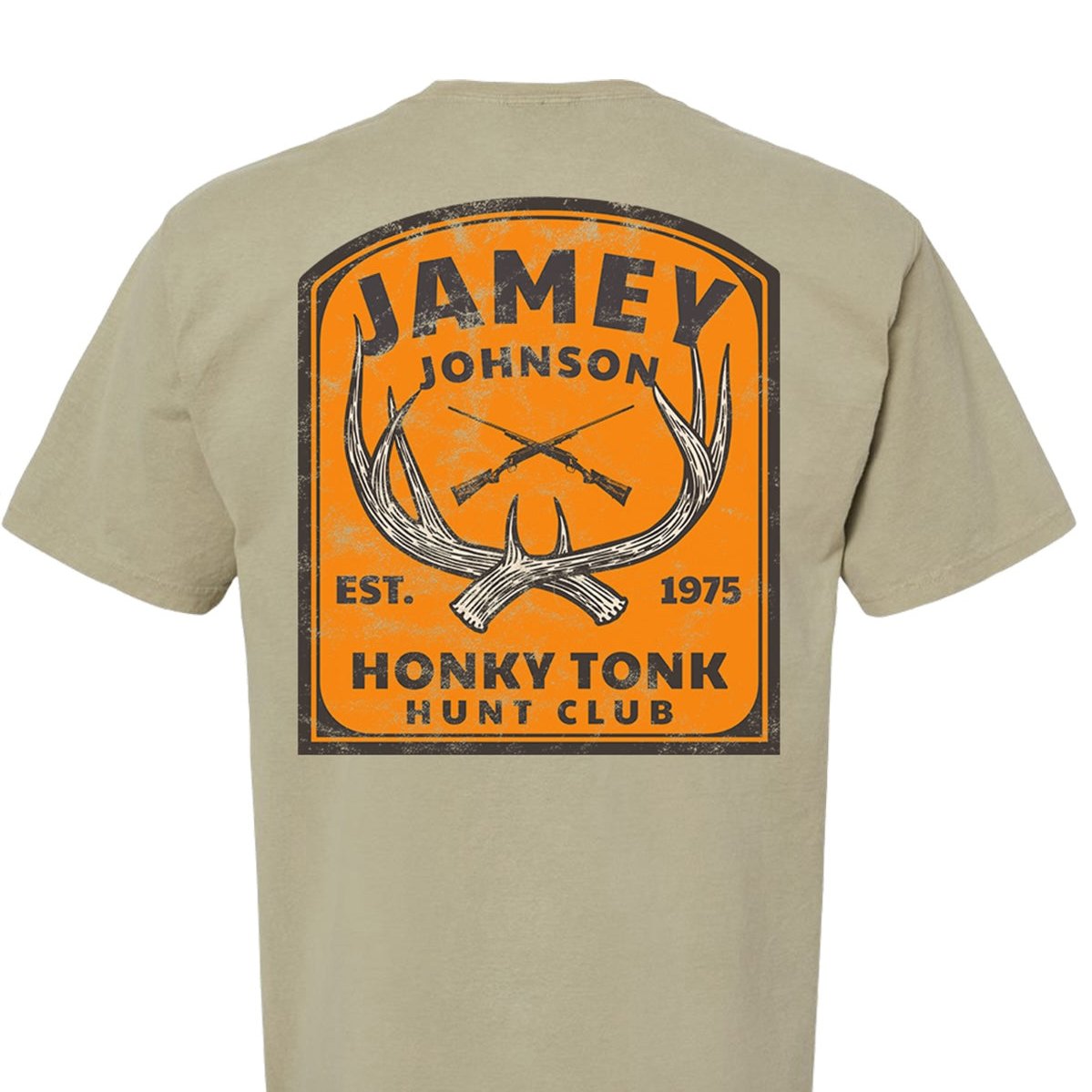 tee-faded fatigue-front "Jamey Johnson" and logo-back "Jamey Johnson Honky Tonk Hunt Club Est. 1975" with crossed deer antlers and rifles
