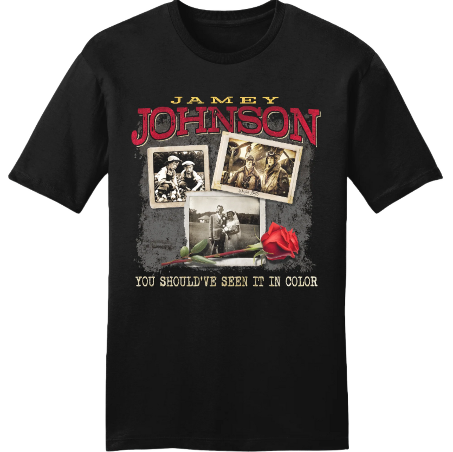 tee-black-"you should've seen it in color" with rose and three black and white photos