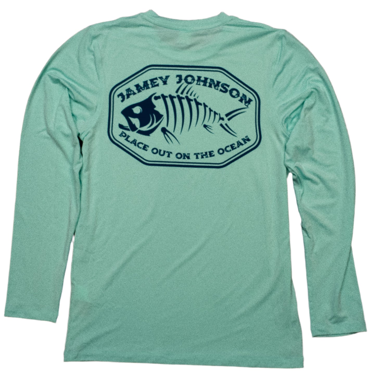 long sleeve tee-mint green-front small fish skeleton "place out on the ocean"-back big "place out on the ocean" with fish skeleton