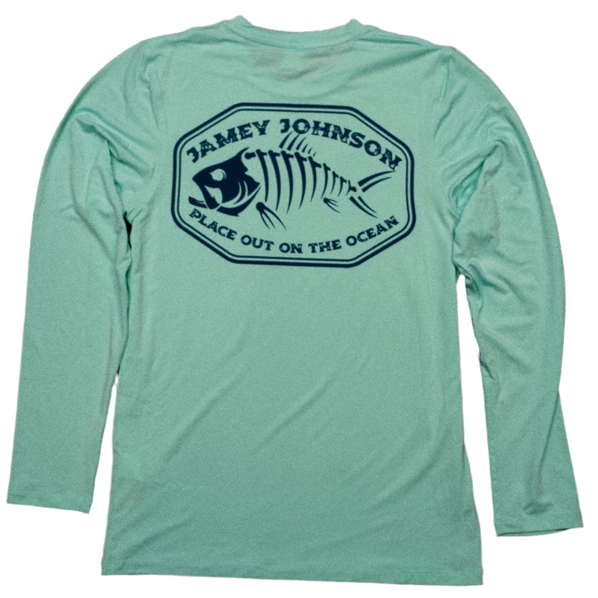 long sleeve tee-mint green-front small fish skeleton "place out on the ocean"-back big "place out on the ocean" with fish skeleton