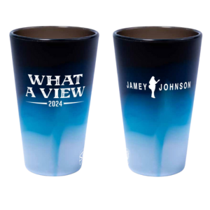 silicone cup-blue and white marble-front "what a view 2024"-back jamey logo