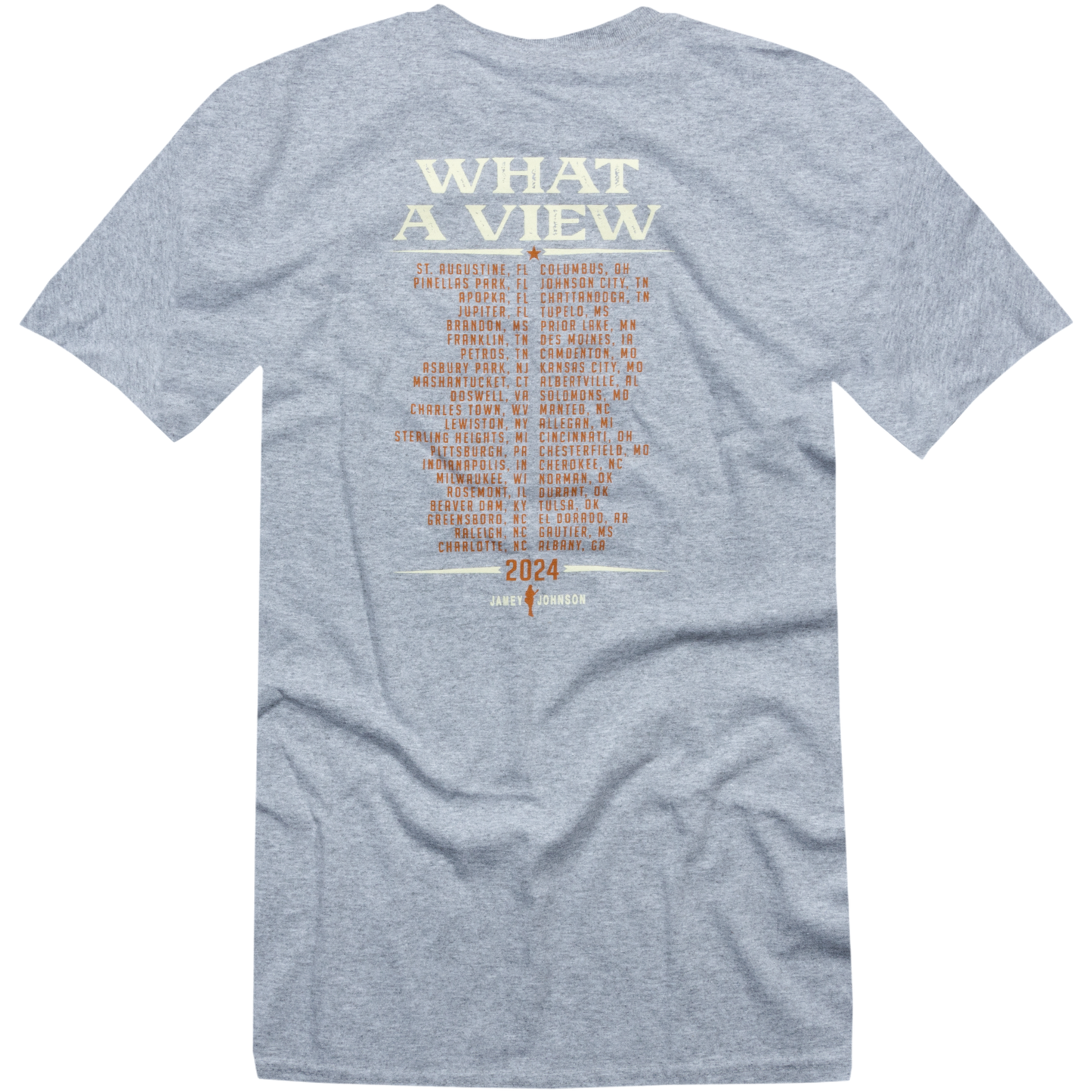 tee-grey-front jamey logo-back "what a view 2024" tour cities
