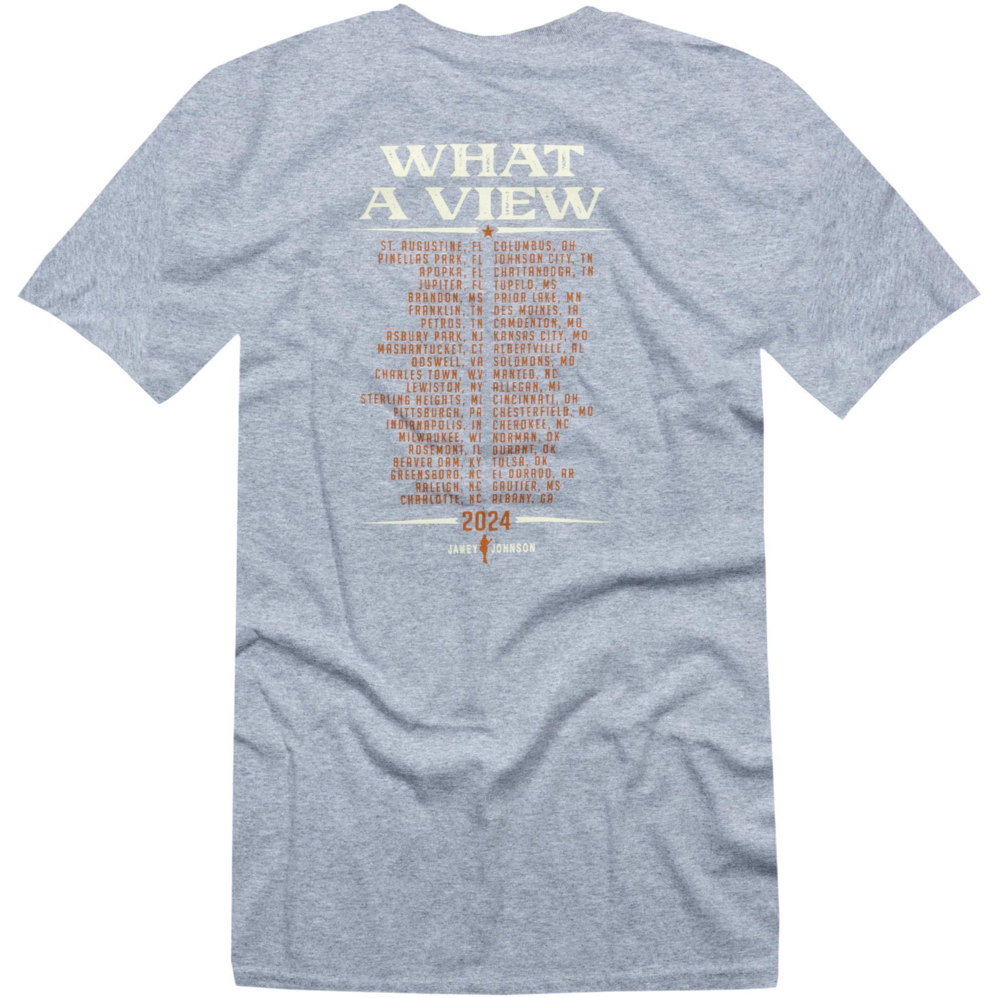 tee-grey-front jamey logo-back "what a view 2024" tour cities